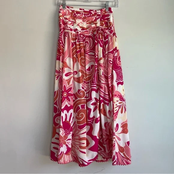 Poupette St Barth Carla Printed Satin Maxi Skirt Size XS Tassel Slit - Picture 2 of 15